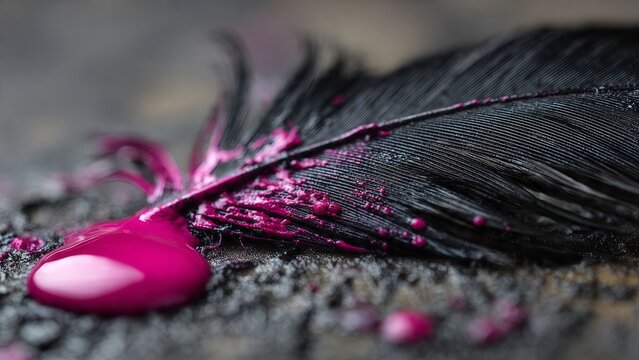 Close-up of black feather with vibrant pink paint splash