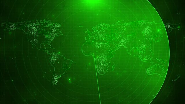 Green digital world map with radar circles, dotted continents, and glowing grid lines. Perfect for global network videos, news intros, technology screens, data promos, cyber titles, and overlays.