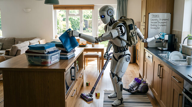 Humanoid robot multitasking doing household chores in a modern kitchen