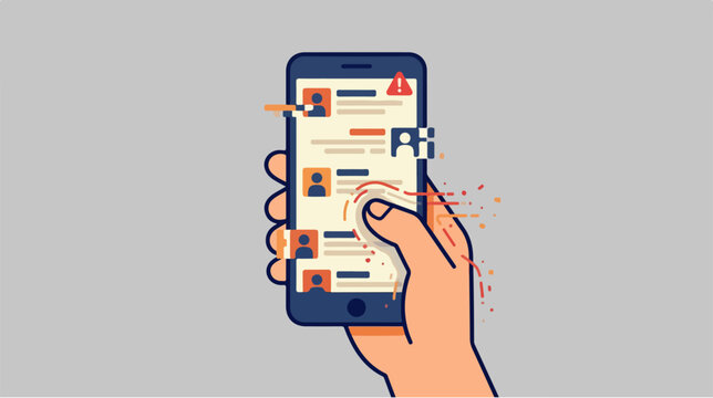 Illustration of a hand holding a smartphone scrolling through a social media feed.