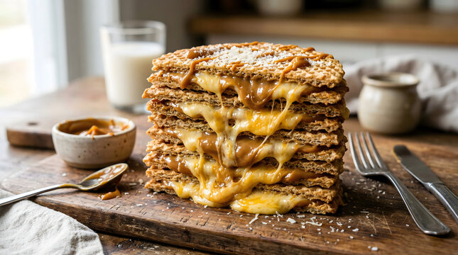 Stack of stroopwafels layering sweet caramel and melted cheese