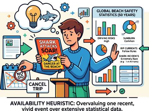 Illustration of the availability heuristic cognitive bias with a person worried about rare shark attacks despite statistics.