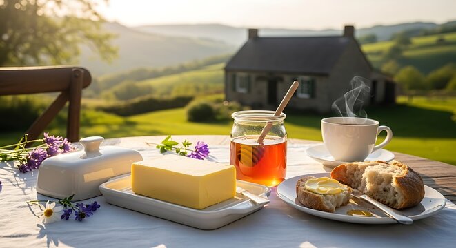 Breakfast spread with bread butter and honey overlooking a serene landscape