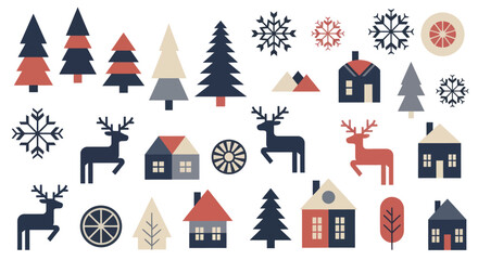 Winter wonderland collection with trees, houses, deer, and snowflakes. © art.Co