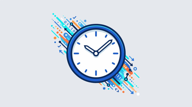 Modern blue clock icon with digital motion lines.