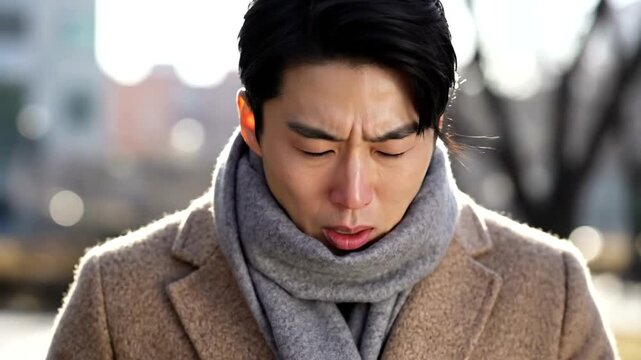 Asian man sneezing into tissue outdoors during winter.