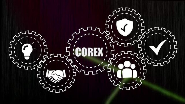 Dynamic business concept animation featuring interlocking gear mechanisms representing core corporate values, teamwork, strategic innovation, security, and success in