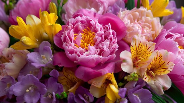 Bold Pink Peony Surrounded by Yellow Freesias and Purple Blooms Close Up