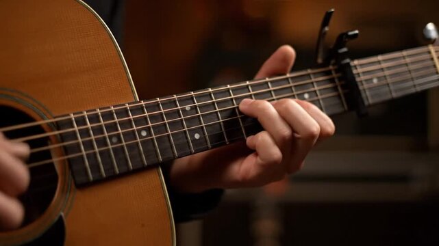 Close-Up Of A Musician's Hands Playing Acoustic Guitar In Studio Setting, Showcasing Finger Placement On Fretboard With Natural Lighting