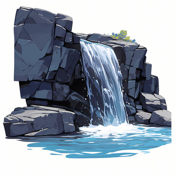 Stylized waterfall spilling over dark rocks into a blue pool.