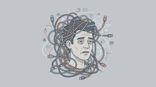 Stressed man with tangled computer cables around his head.