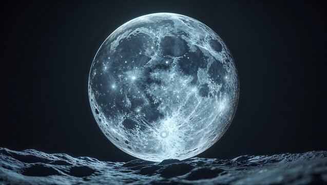 A large moon sitting on a rocky surface in space with stars