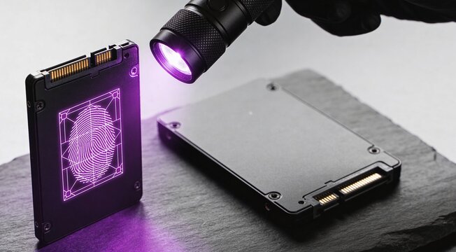 Digital forensics investigation scene with matte black solid state drive under ultraviolet light, revealing abstract fingerprint evidence for cybersecurity, breach response and incident analysis