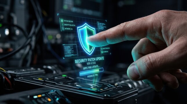 A finger reaches out to touch a holographic cybersecurity shield while a security patch update is in progress on a digital device setup.