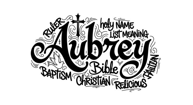Aubrey name design with cross and religious elements on white background