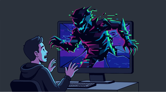 Terrified gamer encountering a monstrous creature emerging from his computer screen.