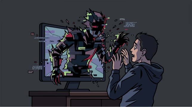 Terrified man watching a menacing cybernetic monster emerging from his computer screen.