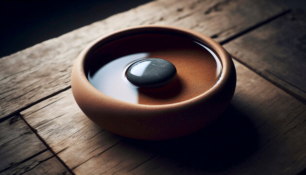 A smooth stone in a shallow clay bowl of water, Ai generated image
