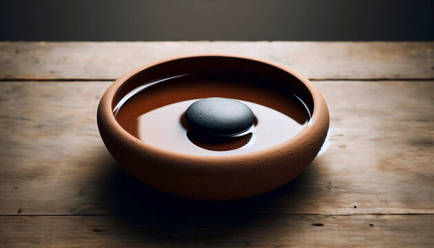 A smooth stone in a shallow clay bowl of water, Ai generated image