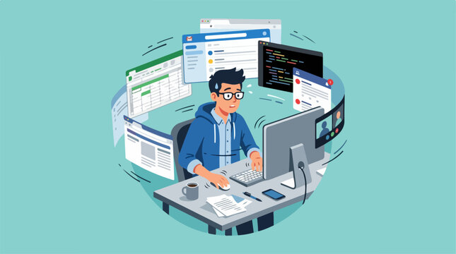 Young developer working on multiple software projects at computer desk.