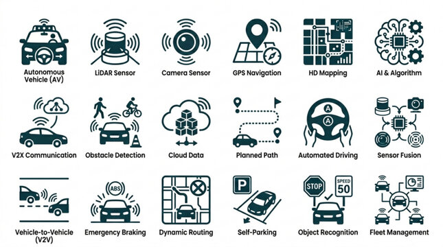Autonomous vehicle technology icons for self driving cars and smart transportation systems with various features