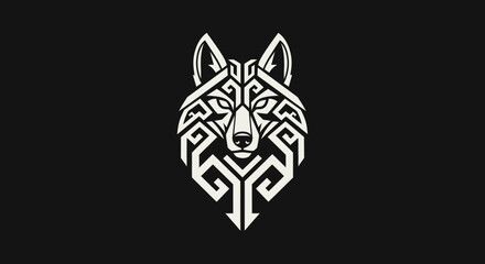 Geometric white wolf head logo on black background © ikk