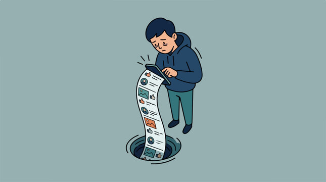 Young man trapped in an endless social media feed loop.