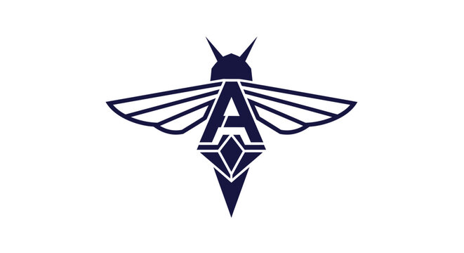 Geometric navy blue bee logo incorporating letter A and diamond