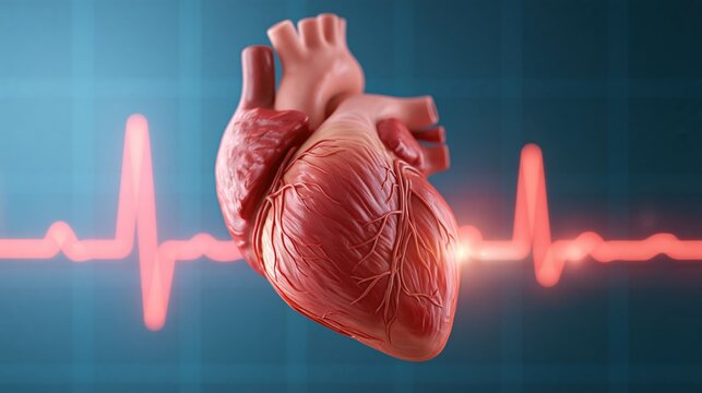 3d rendering of human anatomical heart with electrocardiogram line on dark background.