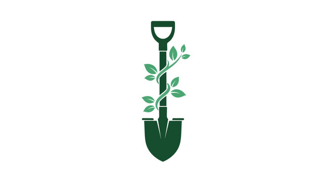 Green gardening spade icon wrapped in vine on white background
