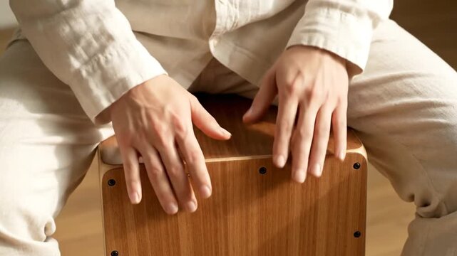 Close-Up of Hands Playing Caj?n Musical Instrument in Natural Light, Showcasing Rhythm and Tactile Texture in a Casual Indoor Setting