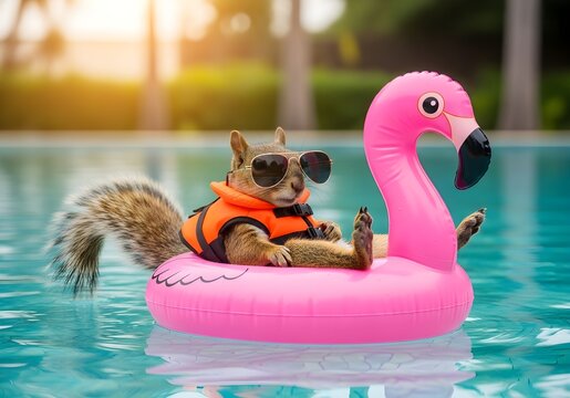 A charming corgi enjoys a sunny day at the pool relaxing on a vibrant pink flamingo float with sunglasses