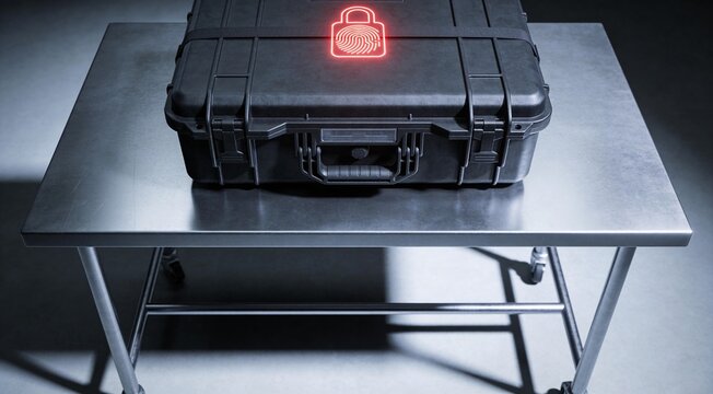 Incident response and secure evidence containment background with rugged black security case, biometric lock icon and sterile laboratory table, premium cyber forensics and breach response concept