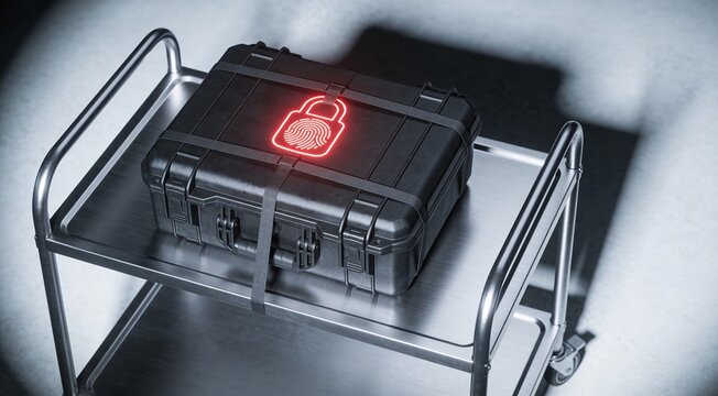 Premium cybersecurity containment scene featuring a rugged matte black security case sealed with biometric verification on a sterile steel lab table for forensics, privacy and secure handling
