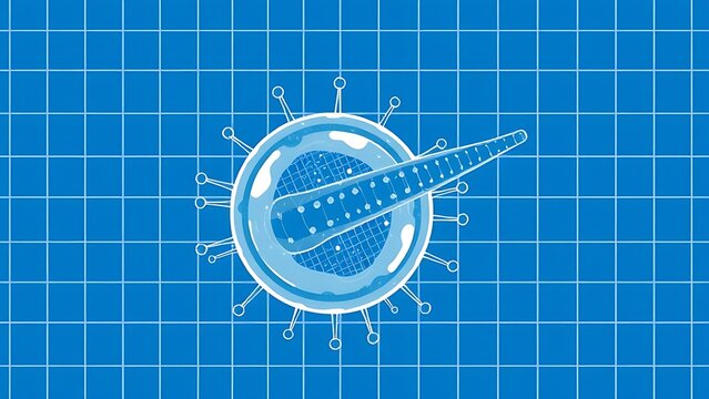fibroblast. Spindle-shaped fibroblast cell on a grid, scientific illustration style. STEM education sheets, lab safety posters, designed for STEM education and laboratory safety posters.