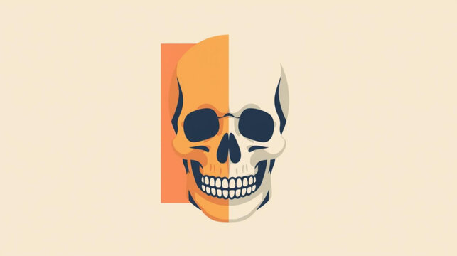 An illustration of a skull with flames on a peach background with orange.