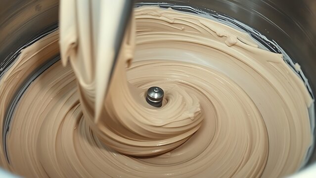 laminar. Industrial mixing tank rotating, stirring thick paste, close-up on viscous texture. safety posters, maintenance manuals, designed for industrial assembly lines and welding operations.