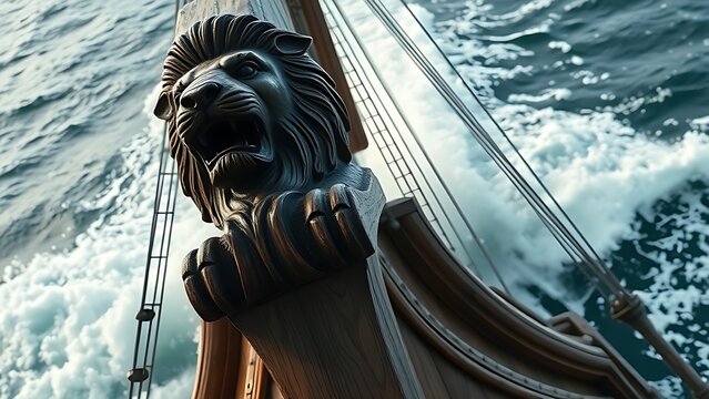 figurehead. A majestic lion figurehead adorns the prow of a sailing ship, weathered wood against ocean waves. wildlife magazines, conservation campaigns, designed for eco-tourism storytelling.
