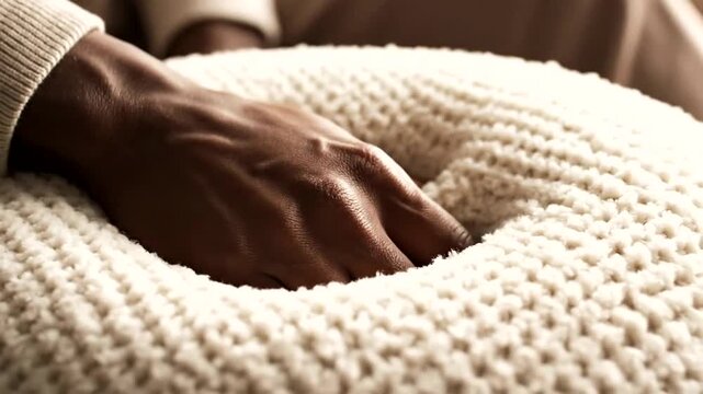 Close up of a hand pressing into a soft white knitted cushion to test its comfort.