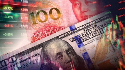 Global economic confrontation and trade war dynamics reflected through currency volatility and real-time market data. Featuring the US Dollar and Chinese Yuan banknotes overlaid  © le