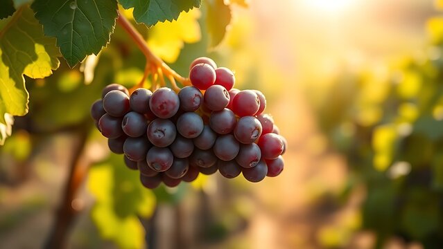 generality. A single cluster of Cabernet Sauvignon grapes glistening with dew in a vineyard under soft sunlight. gardening catalogs, home-decor guides, designed for home decor and floral branding.