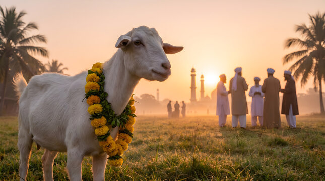 This Eid ul Adha illustration portrays a graceful white goat adorned with a garland of yellow and orange flowers, standing in a lush grassy field during sunrise. In the background, people dressed in t