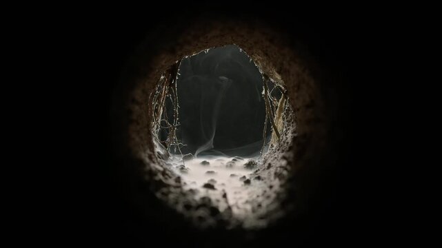 Mysterious subterranean tunnel filled with a light haze. Wind blowing through an eerie fog filled cave with rough walls and vines. Ominous opening to spooky old burrow, underground sewer, or dugout.