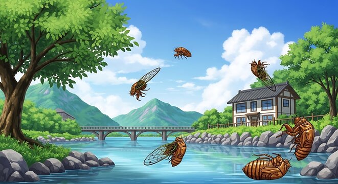 Cartoon cicadas flying over river near house and bridge under blue sky