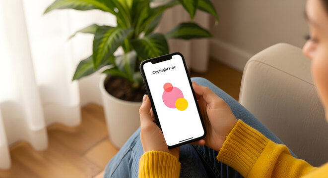Person holding a smartphone displaying a minimalist graphic design with the text copyright free on the screen
