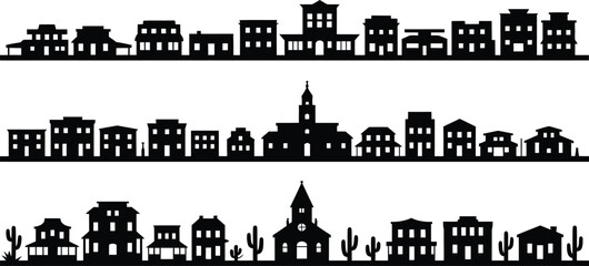 Naklejka premium Black silhouette of western town buildings and cacti