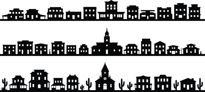 Black silhouette of western town buildings and cacti