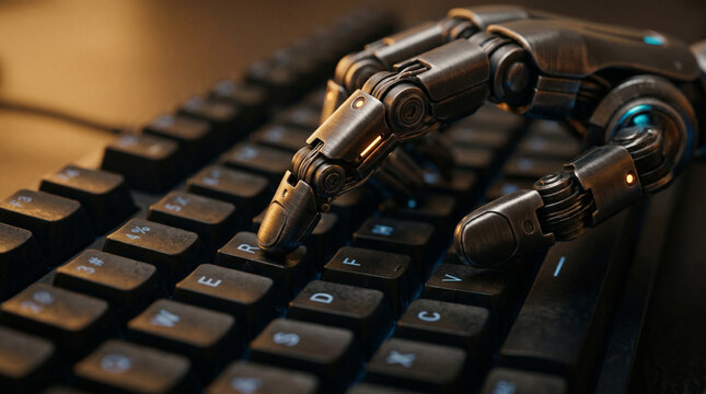 Metallic robotic hand typing on black mechanical computer keyboard keys.