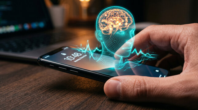 Glowing neural brain hologram projected over modern smartphone screen.