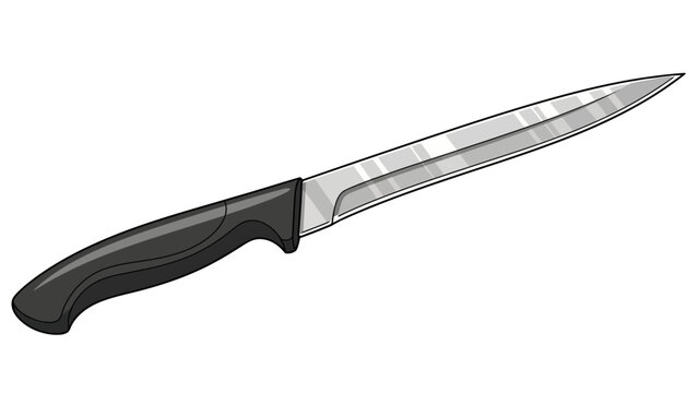 A sharp kitchen knife with a black handle.